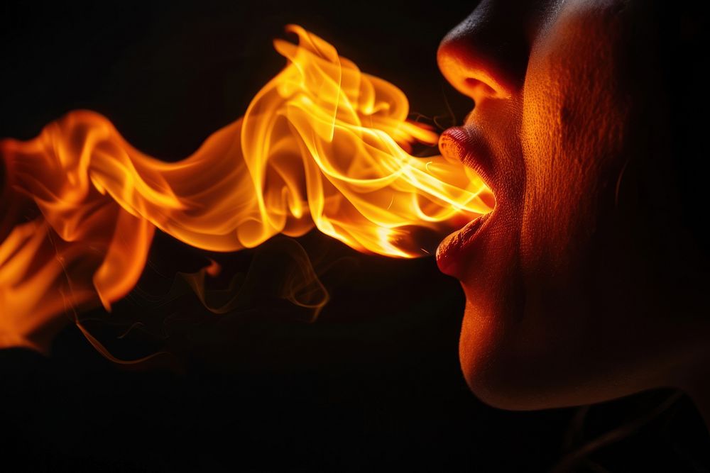 Mouth fire flame adult black smoke.