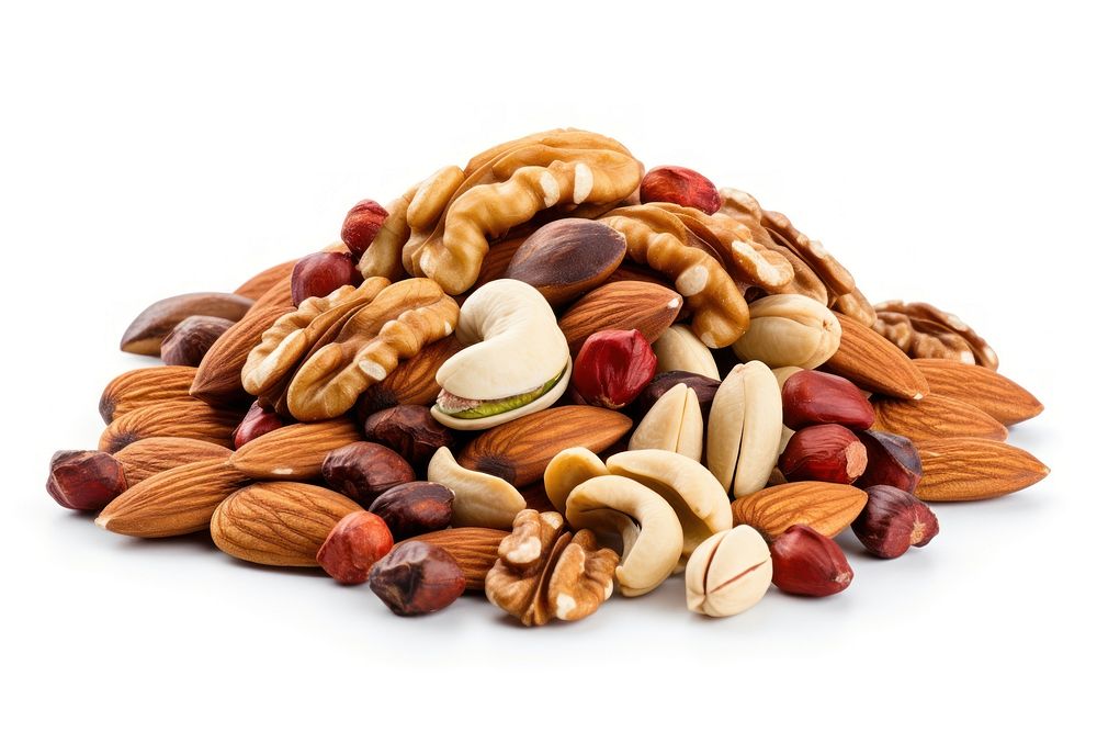 Mix of nuts and dry fruits food almond white background.