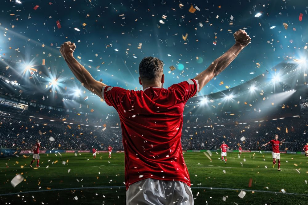 Soccer player in action happy celebration on night stadium sports adult ball.