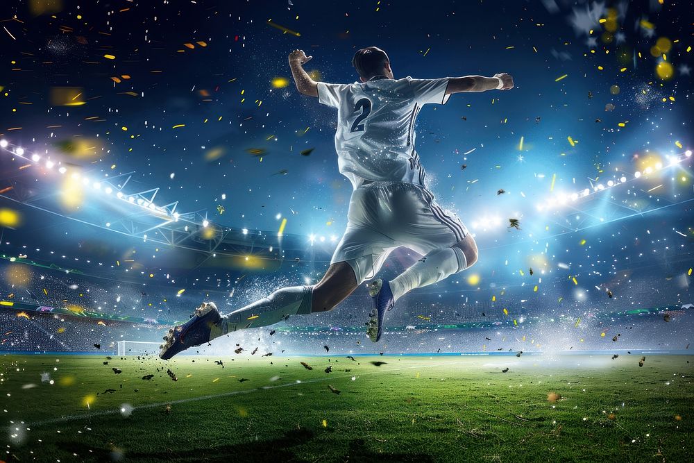 Soccer player in action happy celebration on night stadium football sports soccer.