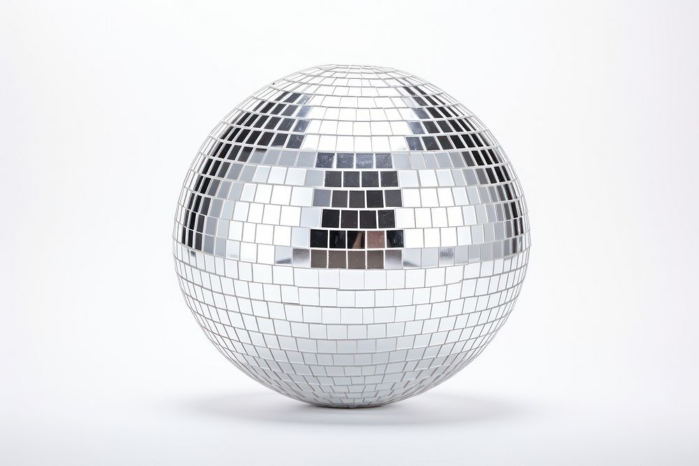 Silver disco mirror ball sphere silver white background.