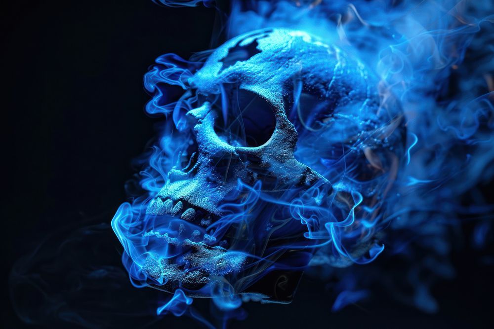 Skull fire flame smoke blue black background.