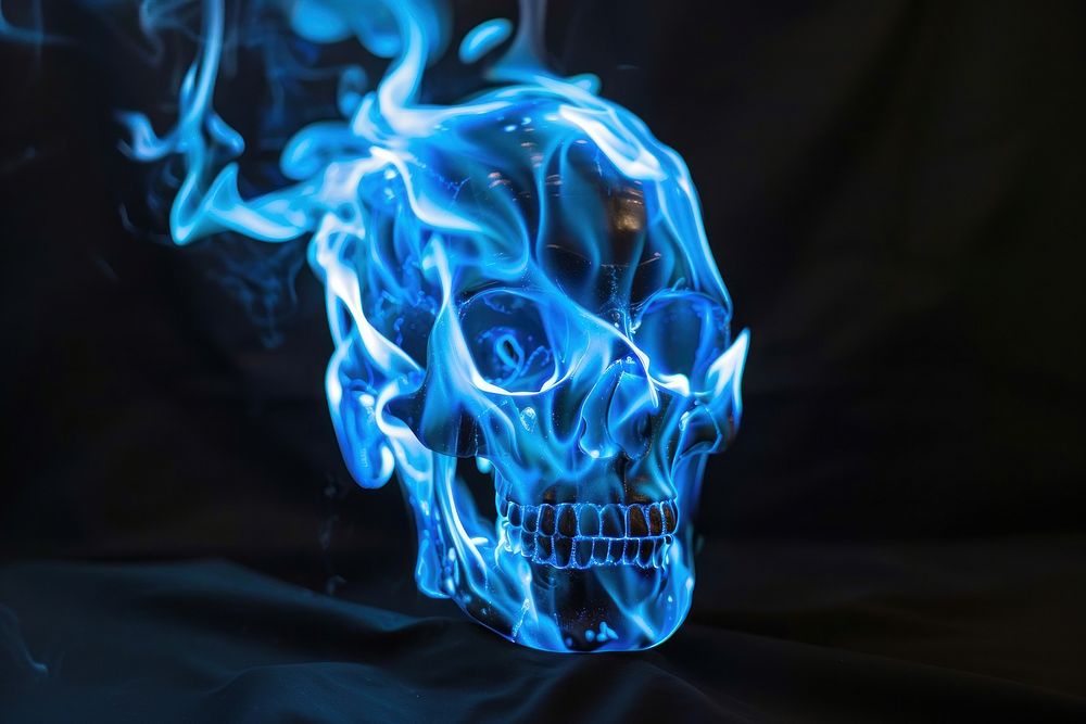 Skull fire flame smoke blue black background.