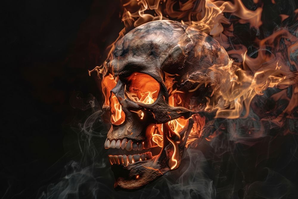 Skull fire flame black background anthropology darkness.