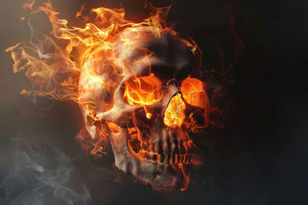 Skull fire flame darkness glowing anatomy.