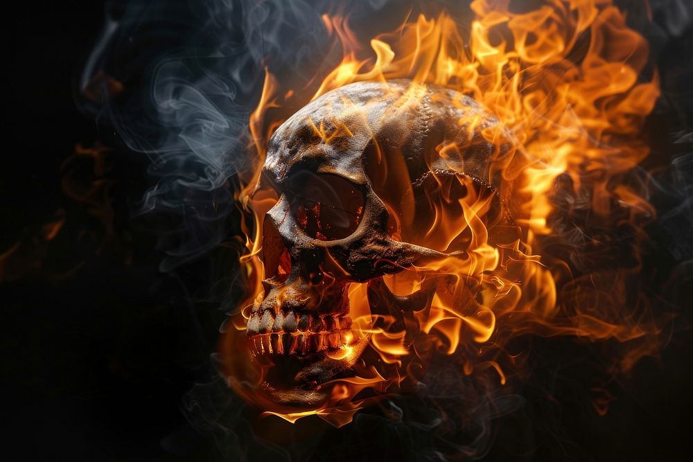 Skull fire flame black background darkness igniting.