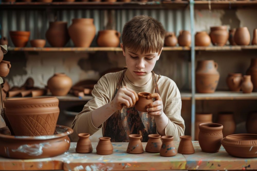 Skilled young craftsman working in painting self-made clay items at lesson pottery skill art.