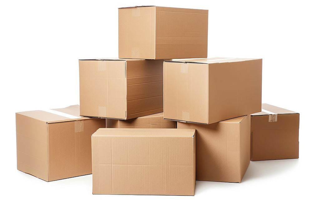 Stacked moving boxes cardboard carton white background.