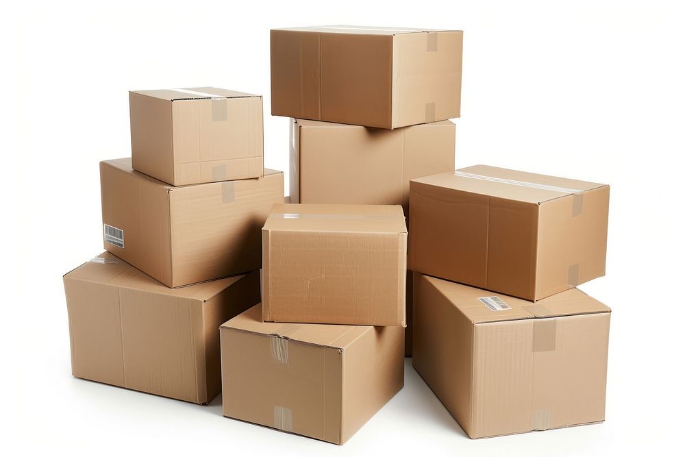 Stacked moving boxes cardboard carton white background.