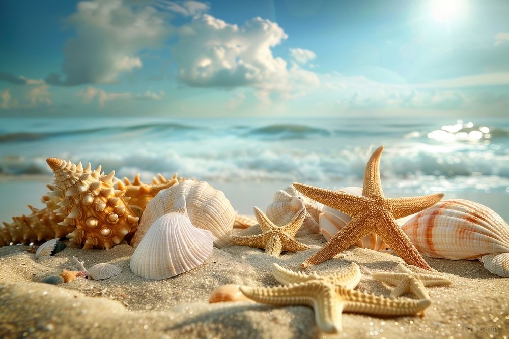 Sea inhabitants on a beach seashell outdoors holiday.