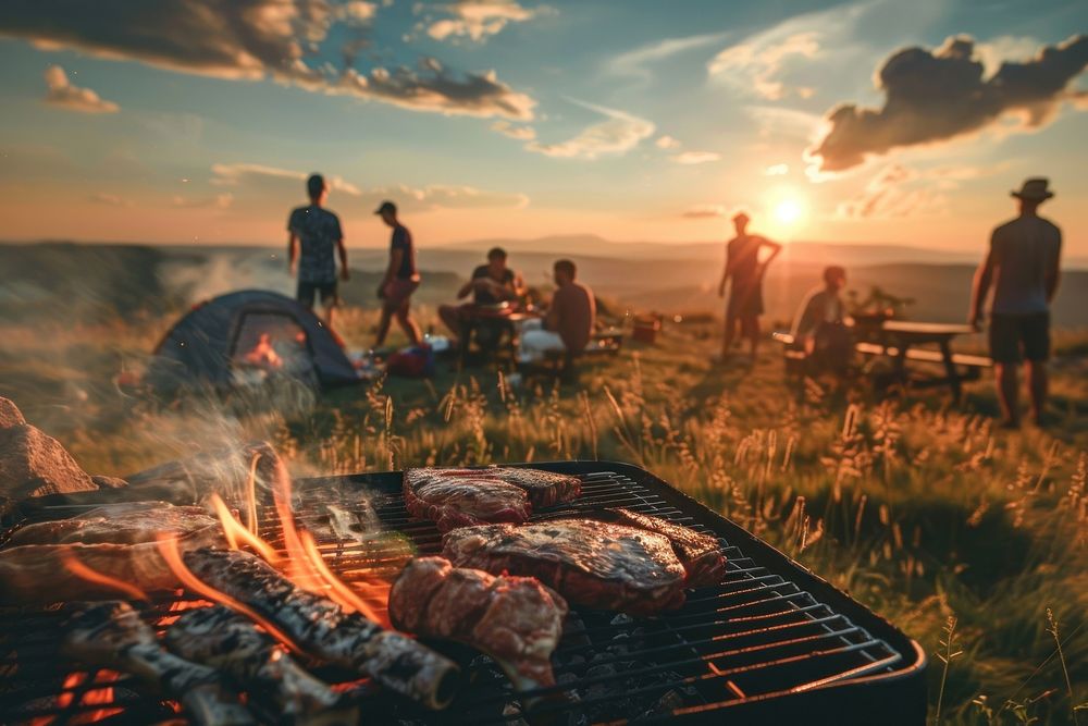 People party camping with BBQ grilling meat bbq outdoors clothing.