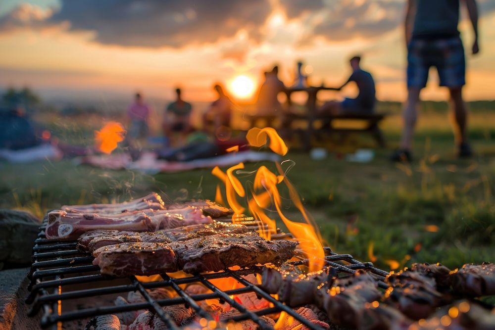 People party camping with BBQ grilling meat bbq clothing cooking.