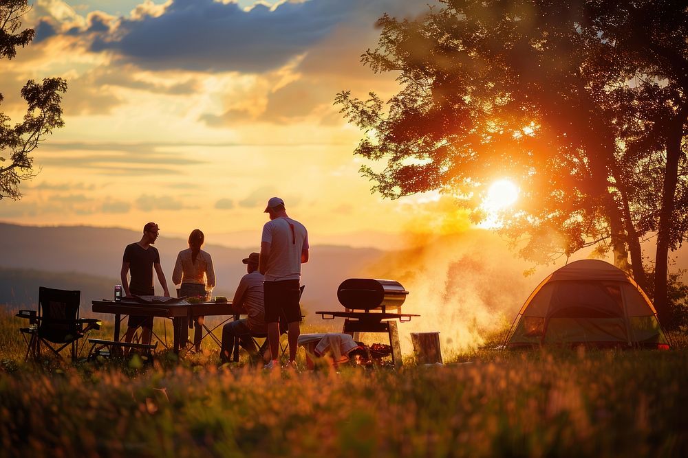 People party camping with BBQ grilling meat outdoors clothing apparel.