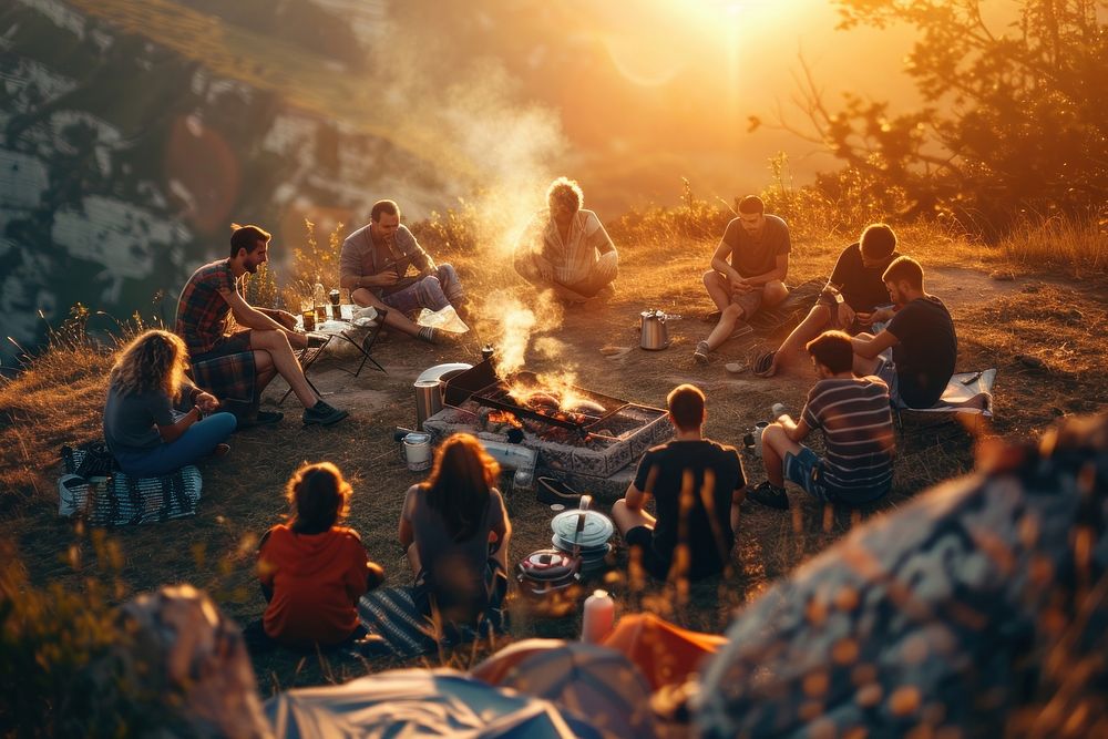 People party camping with BBQ grilling meat recreation outdoors bonfire.