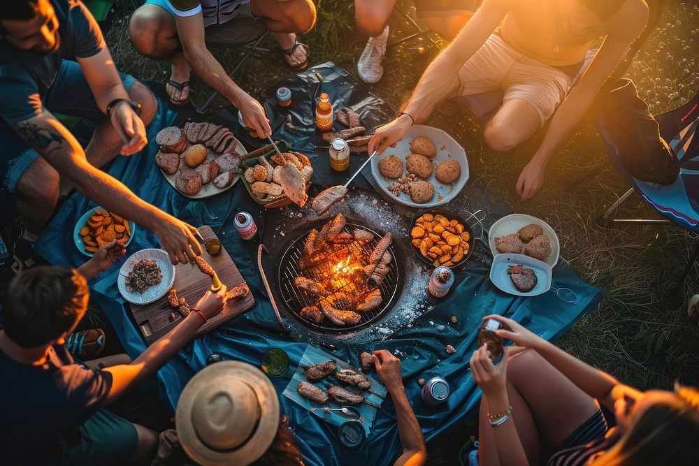 People party camping with BBQ grilling meat bbq furniture clothing.