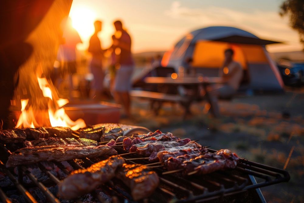 People party camping with BBQ grilling meat bbq invertebrate outdoors.