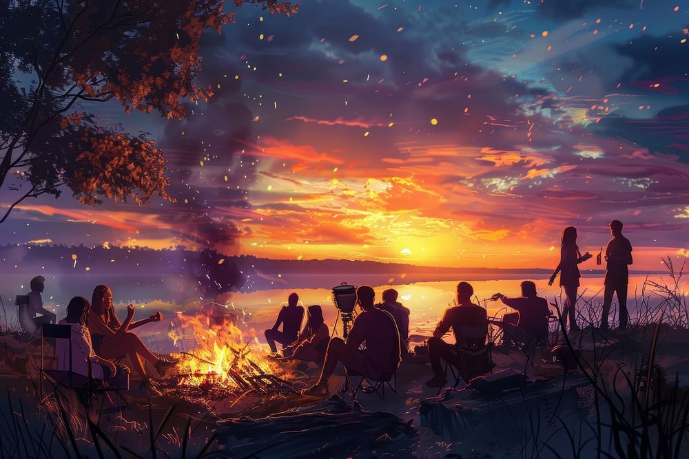 People party camping with BBQ grilling meat outdoors scenery bonfire.