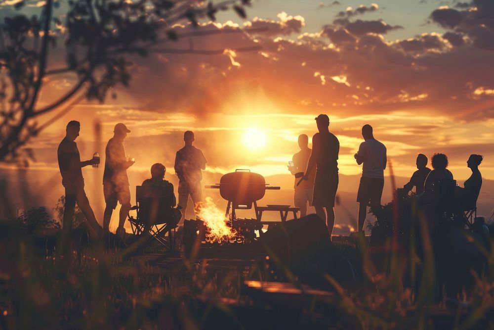 People party camping with BBQ grilling meat bbq outdoors cooking.