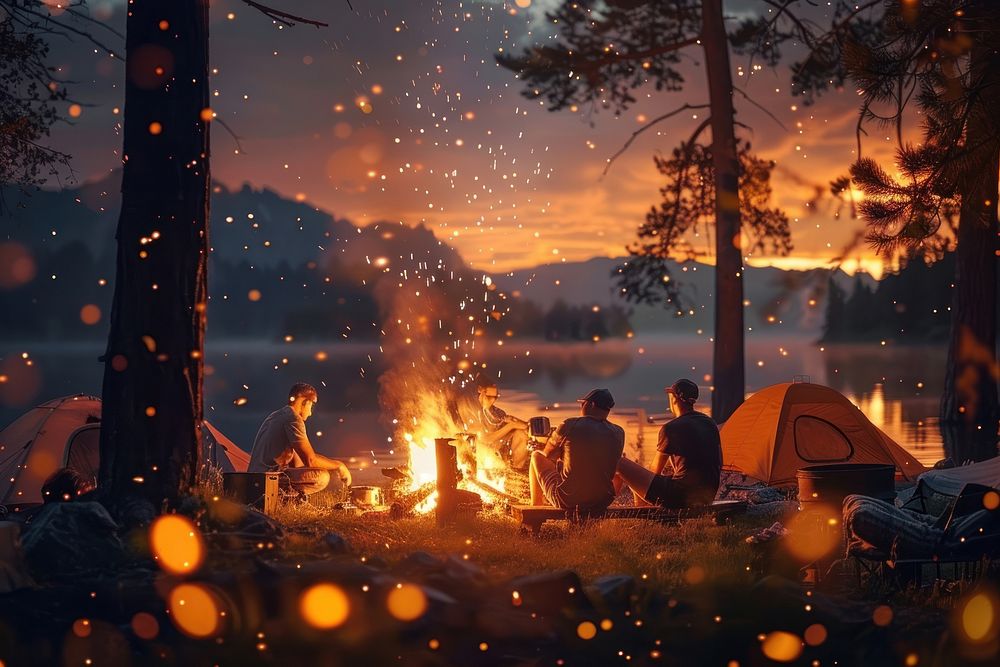 People party camping with BBQ grilling meat outdoors bonfire person.