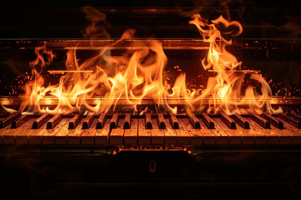 Piano fire flame fireplace performance keyboard.