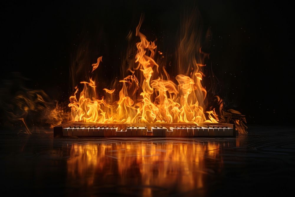 Piano fire flame fireplace bonfire black background.