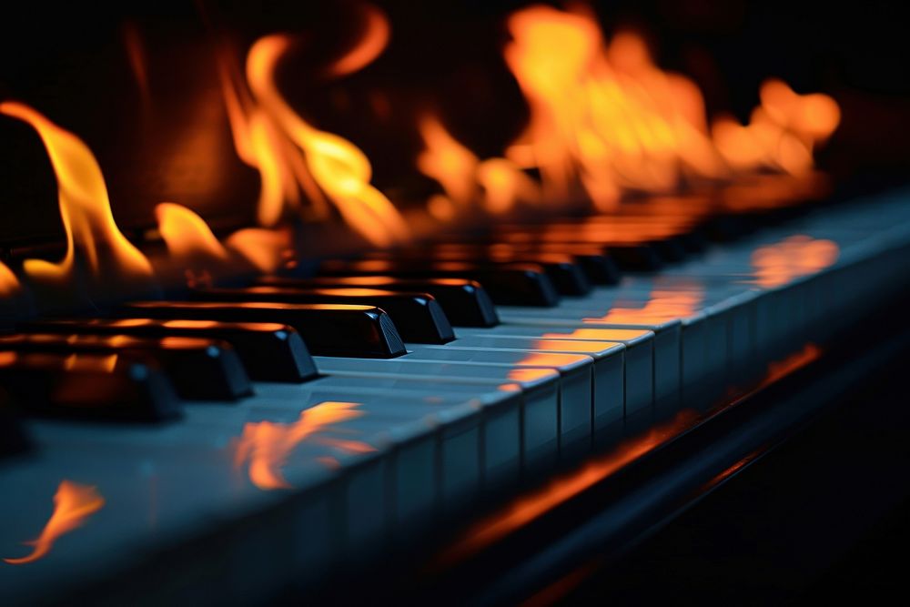 Piano fire flame fireplace keyboard performance.