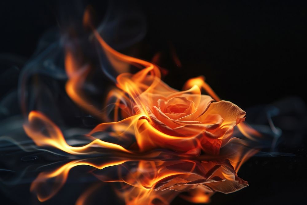 Rose fire flame black background illuminated fragility.