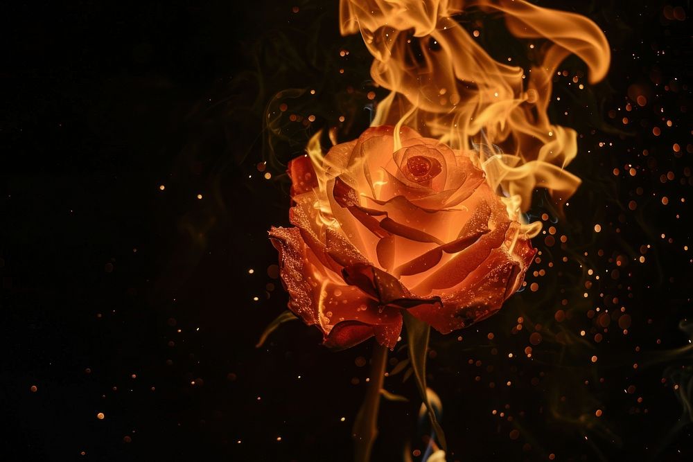 Rose fire flame flower plant black background.