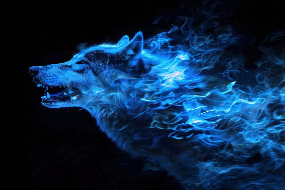 Wolf fire flame animal mammal blue.