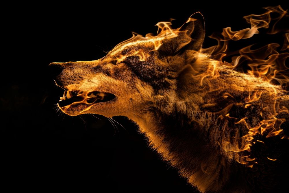Wolf fire flame animal mammal black background.