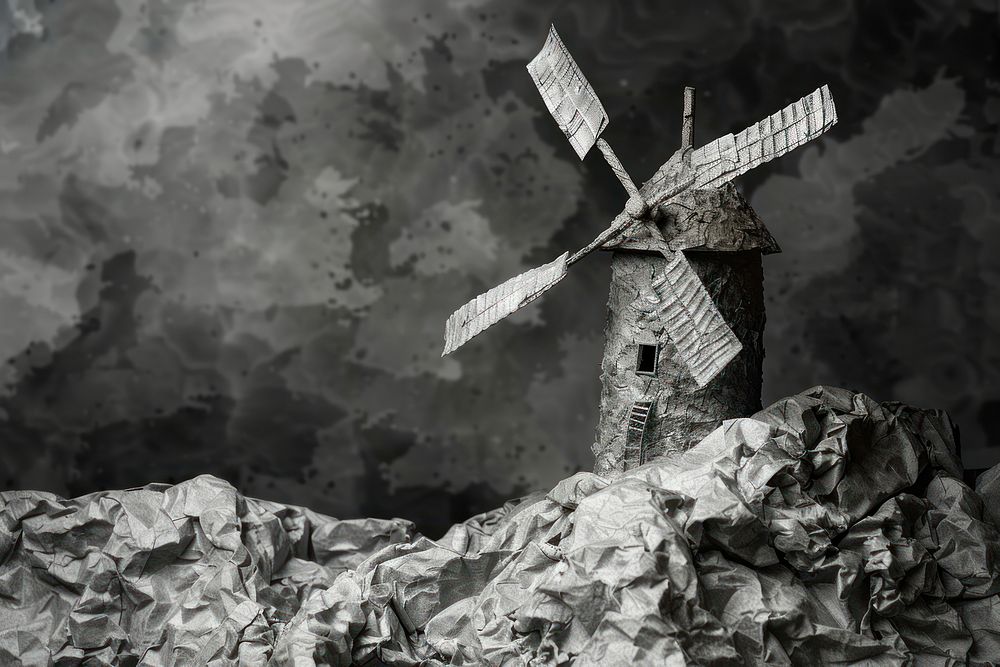 Windmill in style of crumpled paper architecture monochrome.
