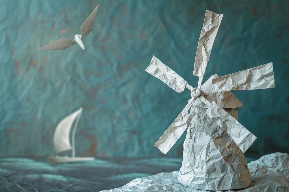 Windmill in style of crumpled paper art transportation.