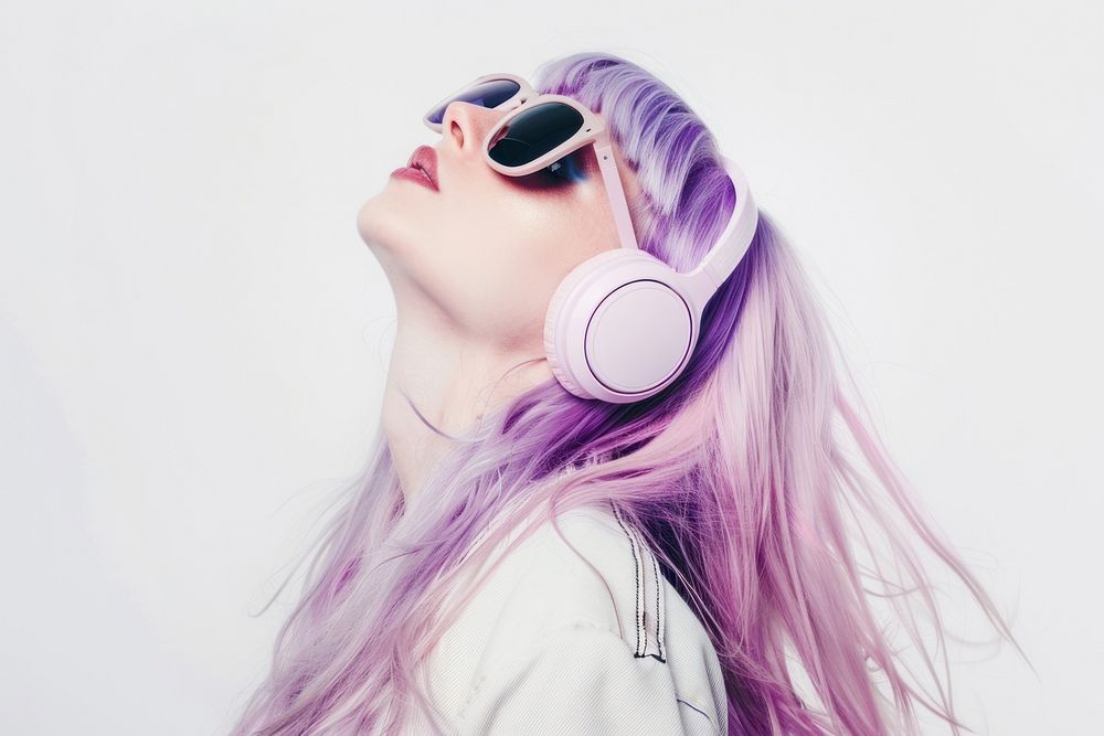 Teenage woman wear headphone sunglasses portrait purple.