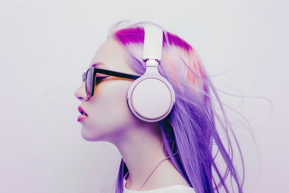 Teenage woman wear headphone headphones portrait purple.