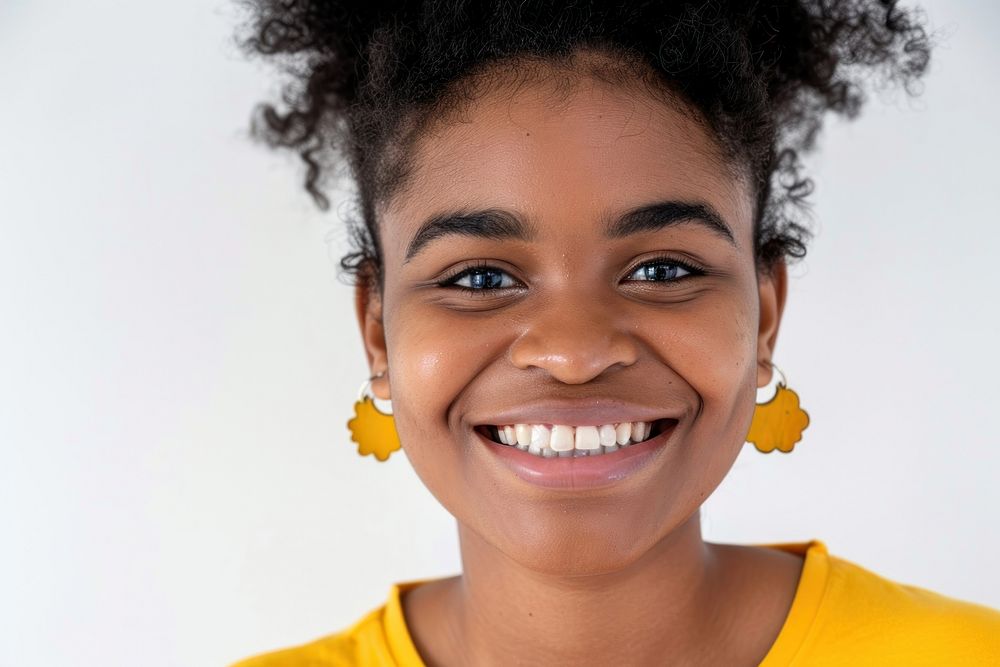 Teenage woman brush teeth smile portrait earring.