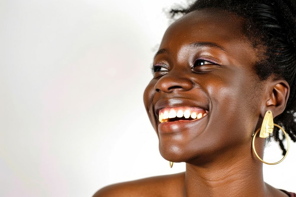 Teenage woman brush teeth earring smile laughing.