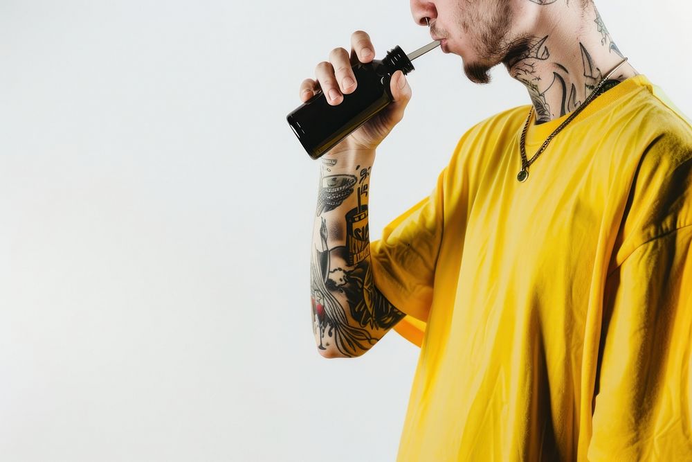 Teenage man straw bottle tattoo yellow person.