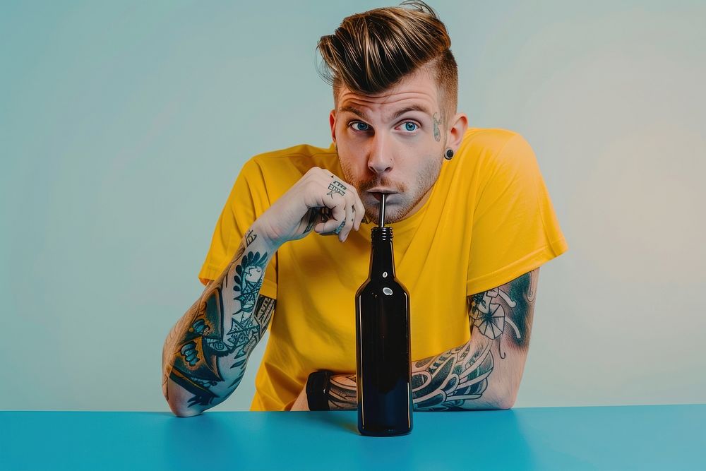 Teenage man straw bottle portrait drinking person.