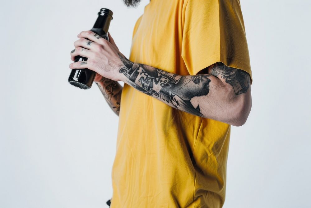 Teerage man straw bottle tattoo yellow person.