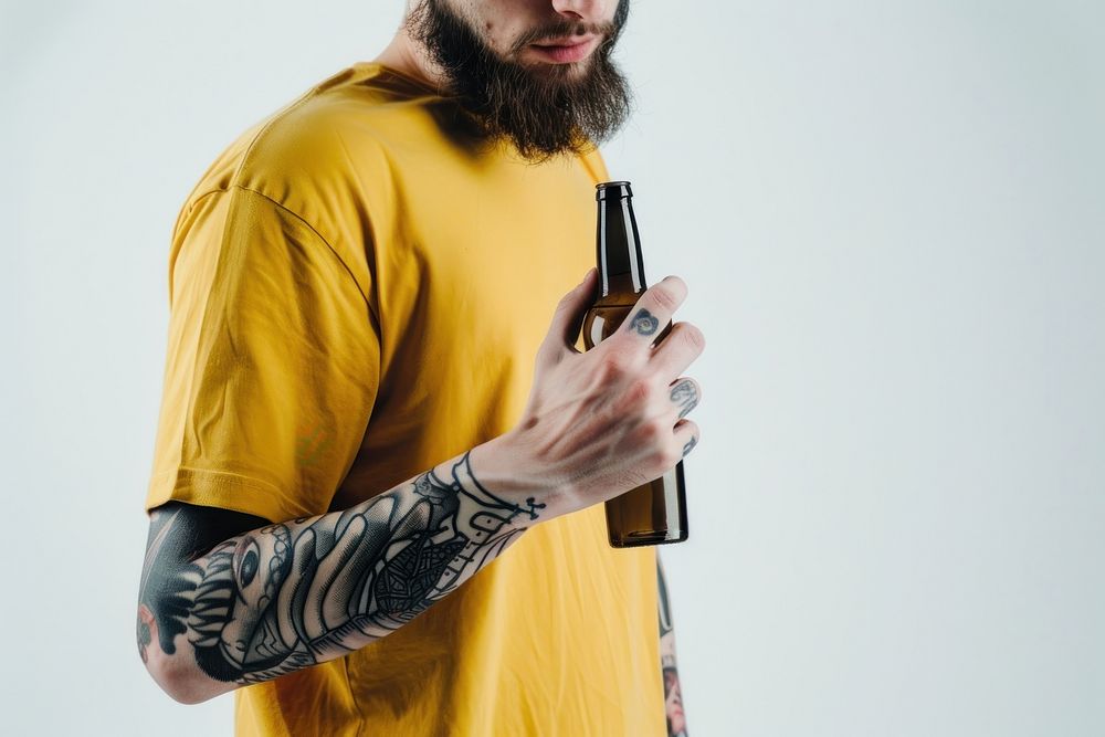 Teerage man straw bottle tattoo portrait yellow.
