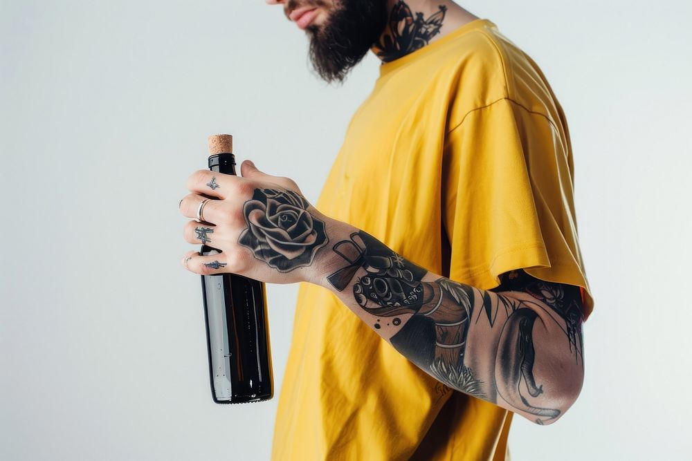 Teerage man straw bottle tattoo portrait yellow.