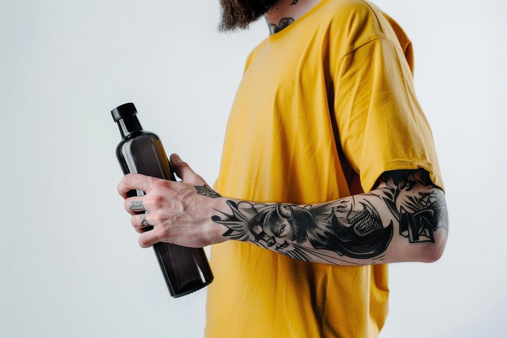 Teerage man straw bottle tattoo yellow person.