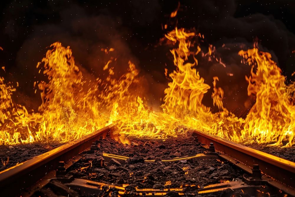 Train fire flame bonfire destruction darkness.