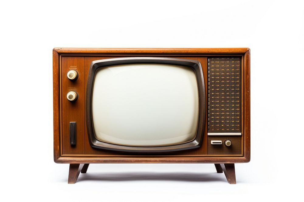 Vintage television with cut out screen white background broadcasting electronics.