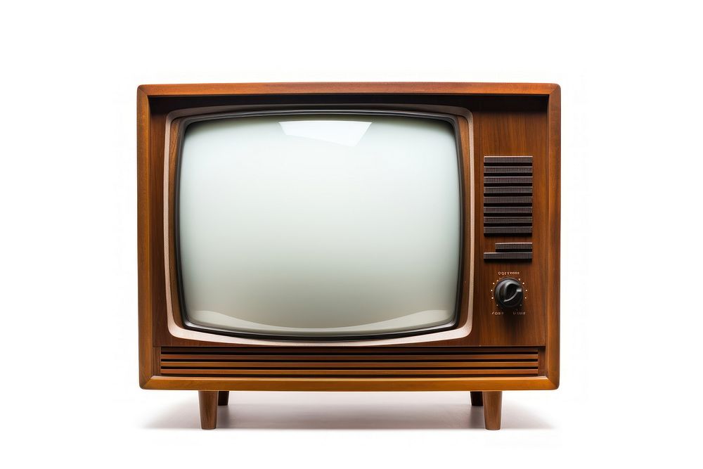 Vintage television with cut out screen white background broadcasting architecture.