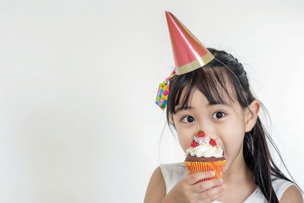 Asia girl eatting cupcake birthday portrait dessert.