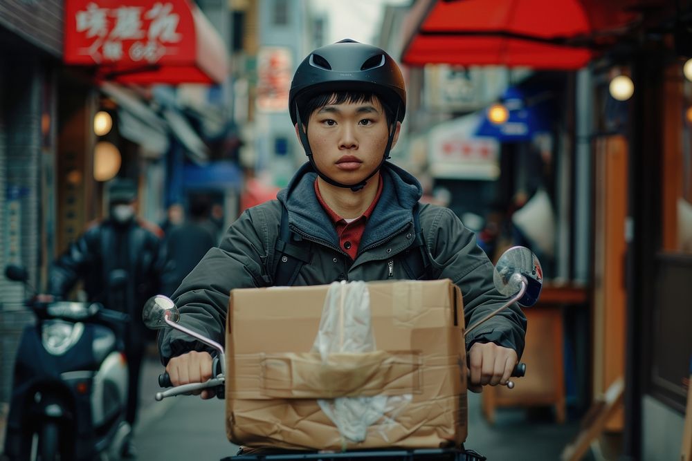 Young Asian people delivery rider vehicle adult infrastructure.