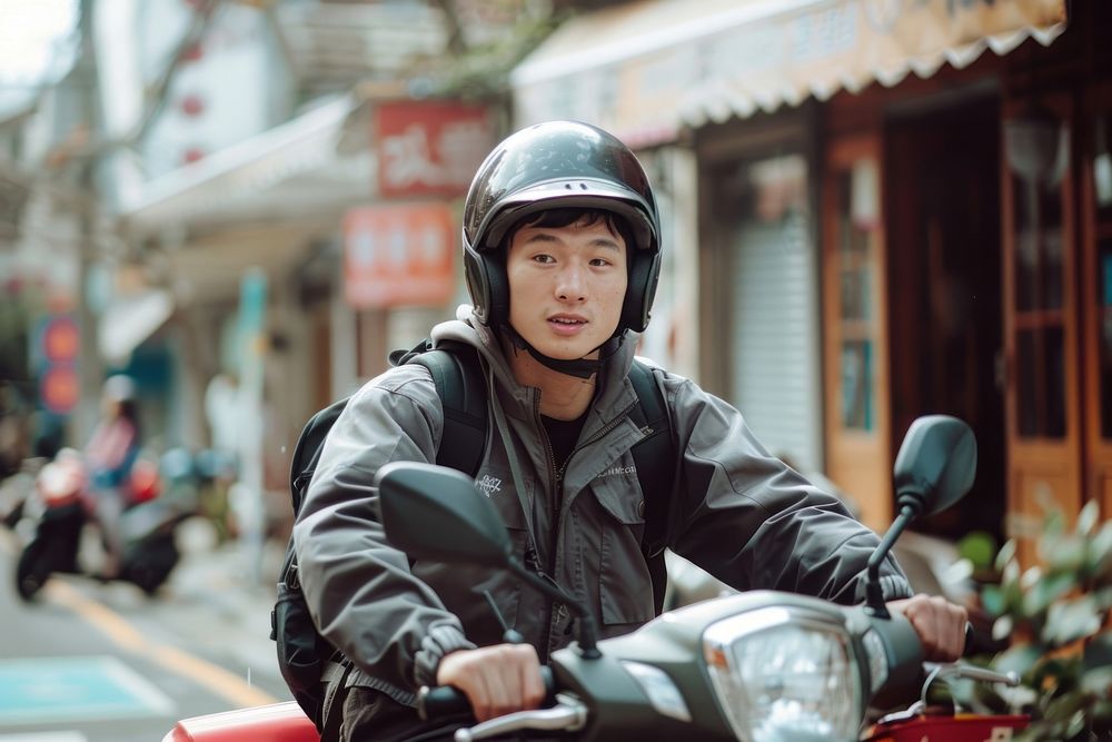 Young Asian people delivery rider motorcycle vehicle helmet.