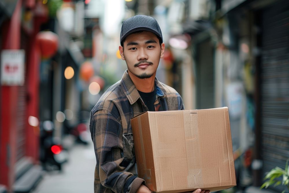 Young multi ethnic delivery man hand holding box cardboard architecture delivering.