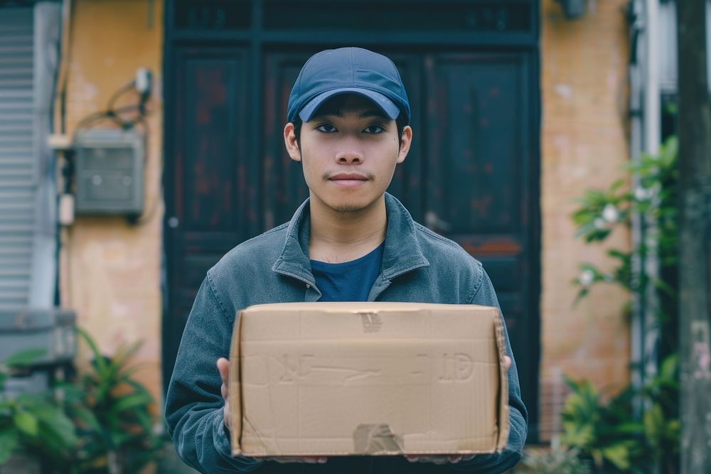 Young multi ethnic delivery man hand holding box cardboard architecture standing.